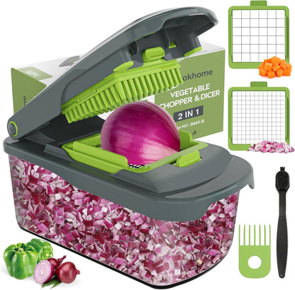 Ourokhome Veggie Chopper and Dicer with Container, Manual Hand Food Mandolin Slicer with 4 in 1 Handheld Vegetable Spiralizer for Zucchini, Potato, Onion, Essential Kitchen Gadgets (12 in 1, Gray)