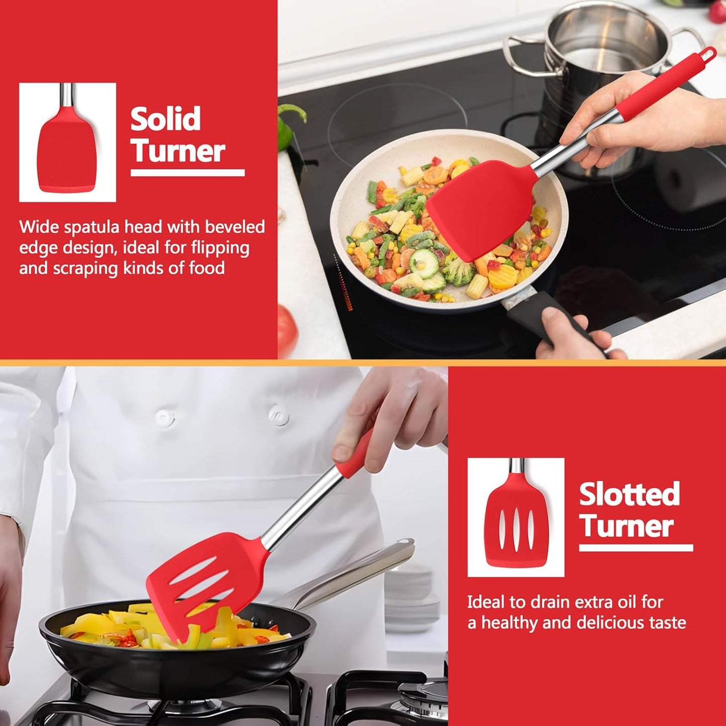 P&P CHEF Black Kitchen Cooking Utensil Set of 4, Silicone Solid Spatulas Slotted Spoons Turners for Non-stick Cookware Flipping Mixing, Heat-proof