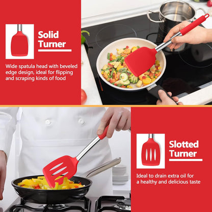 P&P CHEF Black Kitchen Cooking Utensil Set of 4, Silicone Solid Spatulas Slotted Spoons Turners for Non-stick Cookware Flipping Mixing, Heat-proof