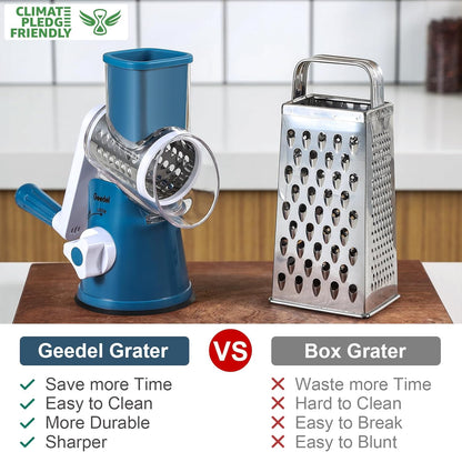 Geedel Rotary Cheese Grater, Kitchen Mandoline Vegetable Slicer with 3 Interchangeable Blades, Easy to Clean Grater for Fruit, Vegetables, Nuts