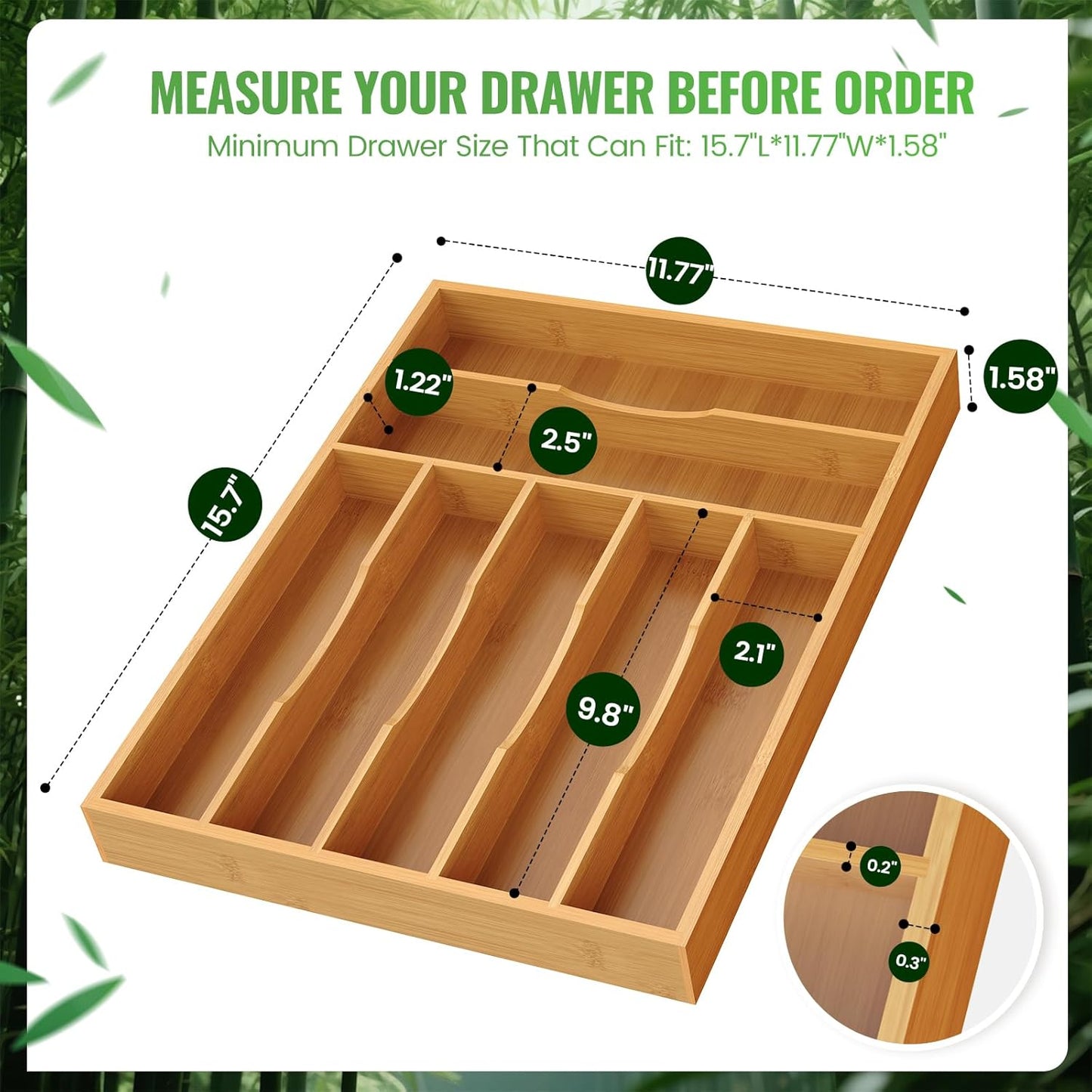 Bamboo Silverware Organizer, Bamboo Kitchen Drawer Cutlery Organizer, Utensil Holder, Flatware Organizer Tray (15.8"x9.5"x1.6")