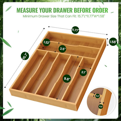 Bamboo Silverware Organizer, Bamboo Kitchen Drawer Cutlery Organizer, Utensil Holder, Flatware Organizer Tray (15.8"x9.5"x1.6")