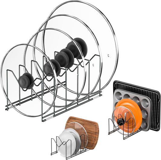 HzTinT 3 Pack Pot Lid Organizer for Cabinet, Stainless Steel Pot Lid Rack with Anti-slip Pad, Lid Holder for Pans Pots, Bakeware, Plates, Cookie Sheets, Trays, Dish, Cutting Boards, Silver