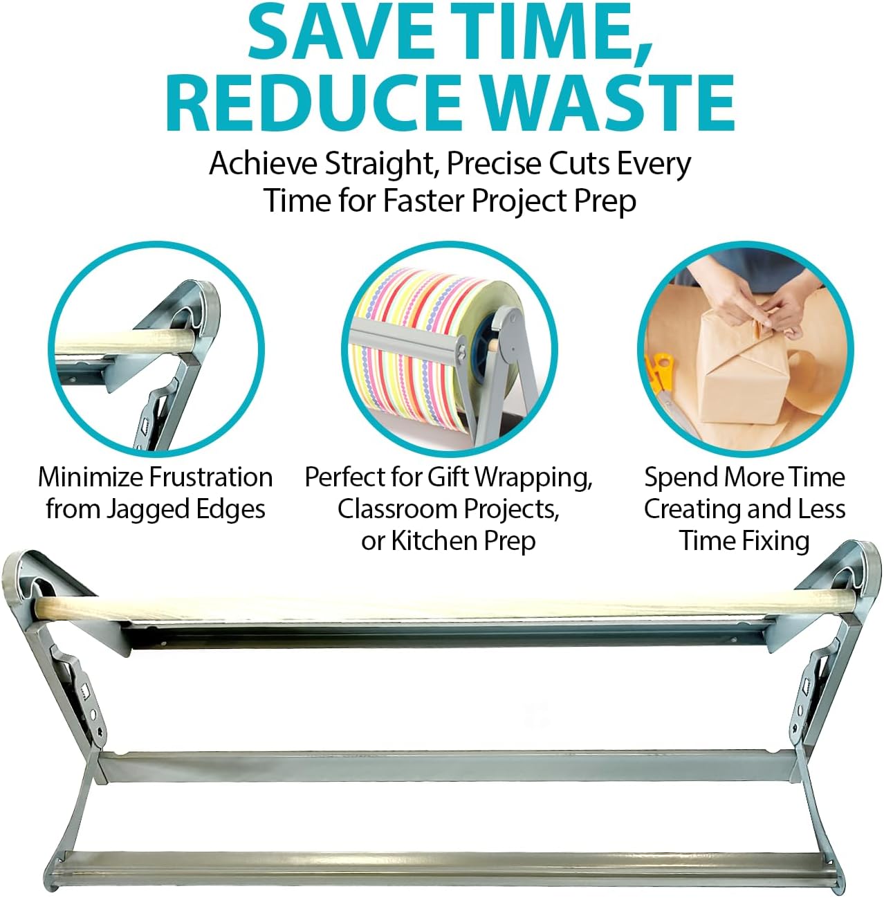 30" Roll Paper Dispenser with Cutter - Wall Mount or Desktop Metal Straight Edge Cutter - Fits Craft Paper Roll, Freezer, Wrapping, Butcher Papers, or Cling Film - Non-Sharp Edge, Grey
