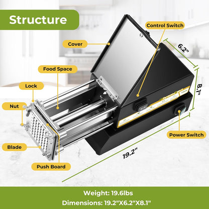 French Fry Cutter Electric Potato Cutter Stainless Steel Professional With 4 Blades For Commercial, Home Use & Cucumbers, Carrots, Sweet Potatoes, Black