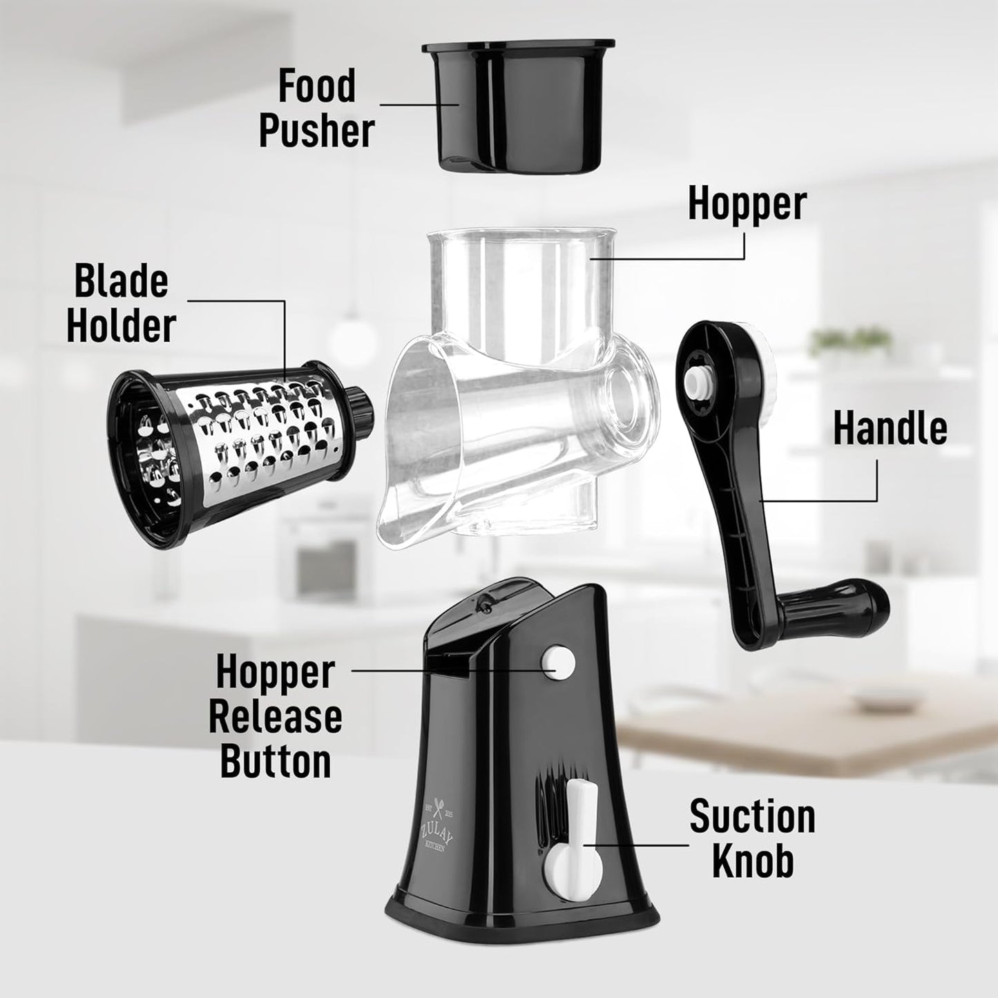 Zulay Kitchen Rotary Cheese Grater 5 Blade Cheese Shredder - Manual Hand Crank Cheese Grater With Reinforced Suction & 5 Interchangeable Drums - Easy to Use, Vegetable Chopper Round Mandoline Slicer - Colors A