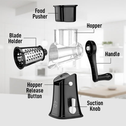 Zulay Kitchen Rotary Cheese Grater 5 Blade Cheese Shredder - Manual Hand Crank Cheese Grater With Reinforced Suction & 5 Interchangeable Drums - Easy to Use, Vegetable Chopper Round Mandoline Slicer - Colors A