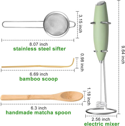 Matcha Whisk Set Ceramic Bowl Kit with Spout, Bamboo Chasen and Holder, Scoop Rest,Sifter Tea Towel Ceremonial Cute Matcha Tea Making Tool,Gift Perfect for Latte Lovers | Beginners,7pcs