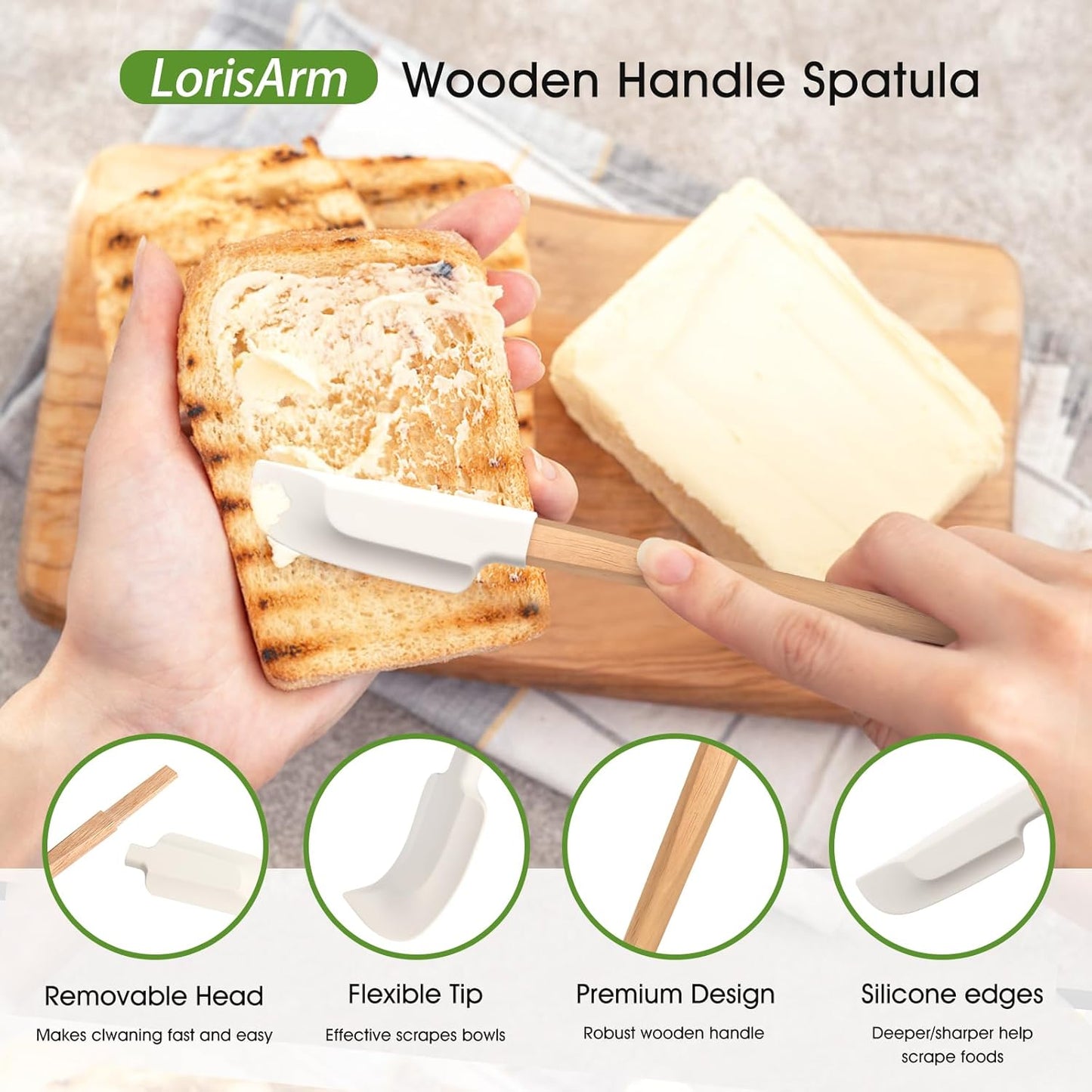 LorisArm Wooden Handle Spatula Set, 12" & 9" Rubber Spatula Silicone Spatulas for Baking Cooking and Mixing.