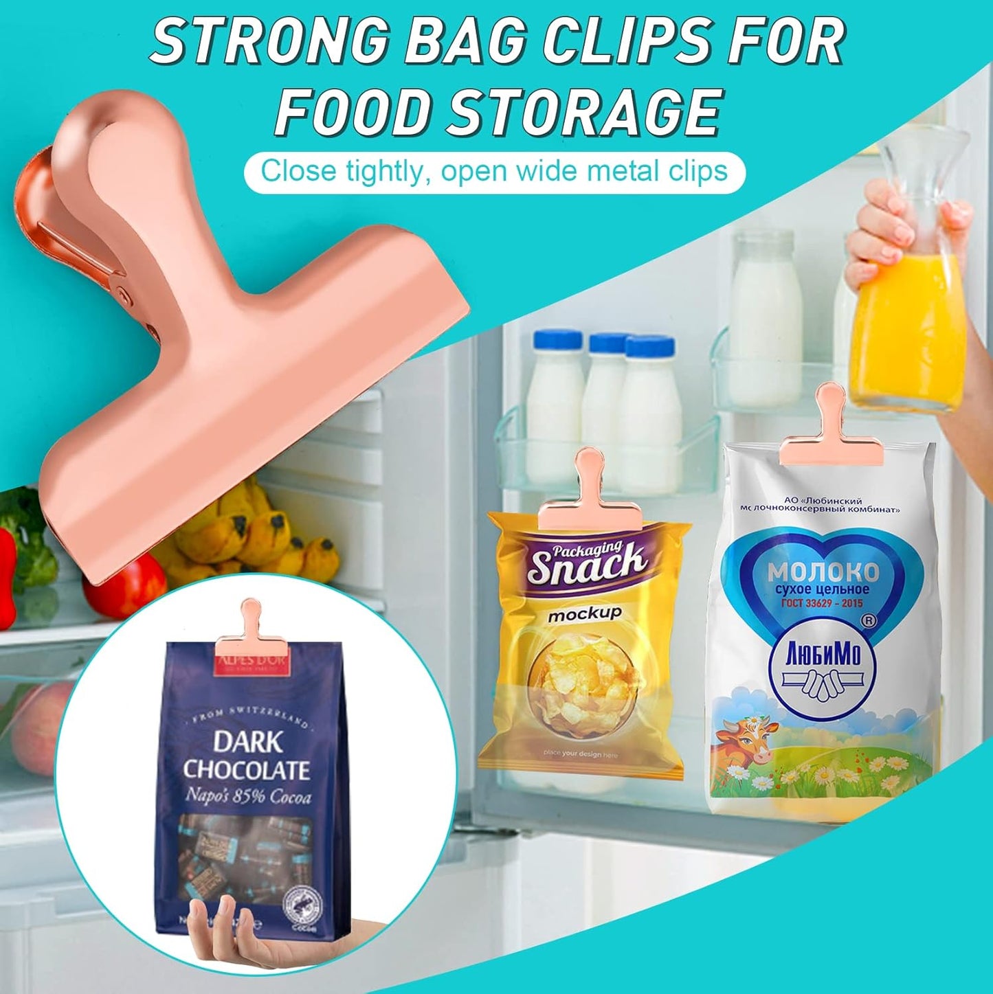 Funfery Chip Clips Bag Clips Gold Stainless Steel Clip for Food Storage,Air Tight Seal Chip Bag Clip 3 Inch Strong Food Clipp for Snack,Chips,Kitchen Decor,Home&Office Paper Heavy Duty-8 Pack