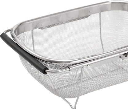 AJIODA Over The Sink Colander, 4 Quarts Stainless Steel Oval Colander with Expandable Rubber Grip Handle, Fine Mesh Strainer Baskets Kitchen Colanders for Strain, Drain, Rinse Vegetable, Fruits, Black
