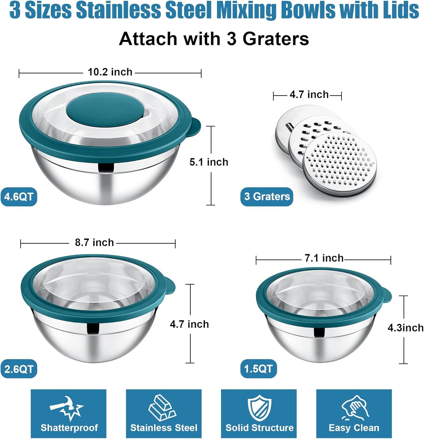 E-far Mixing Bowls Set of 5, Stainless Steel Salad Mixing Bowl with Transparent Lid, Metal Nesting Bowl Attach with 3 Graters for Kitchen Prepping/Serving/Baking/Storage, 4.6/2.6/1.5/1/0.7 QT - Khaki