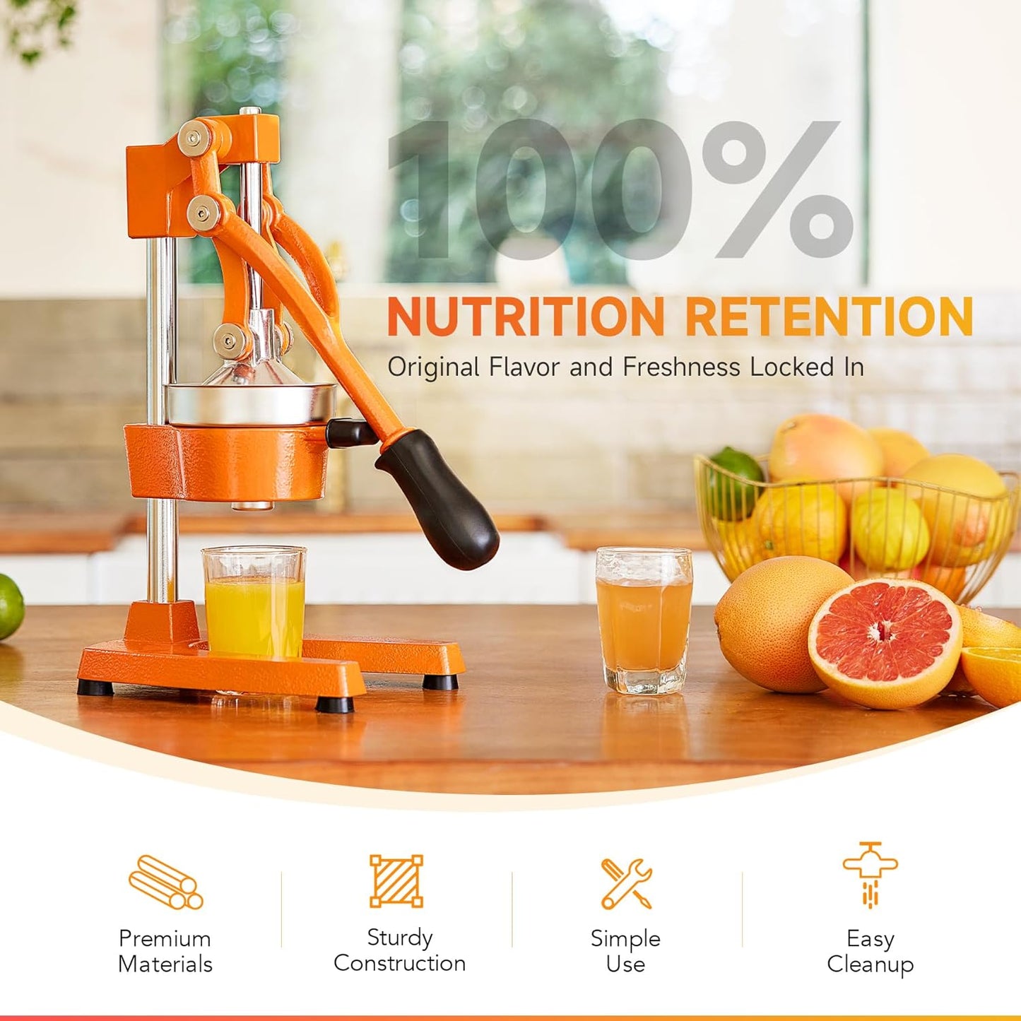 CO-Z Manual Citrus Juicer, Commercial Grade Cast Iron Orange Juicer, Professional Heavy Duty Juice Press with Removable Strainer, Manual Juice Extractor for Orange Lemon Pomegranate Citrus, Black