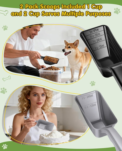 2 Pack Dog Food Scoop with 1 Cup and 2 Cup Capacity, Plastic Pet Food Measuring Scoops with Clear Measurement Lines for Dogs, Cats & More,Dishwasher safe (Green and Black)