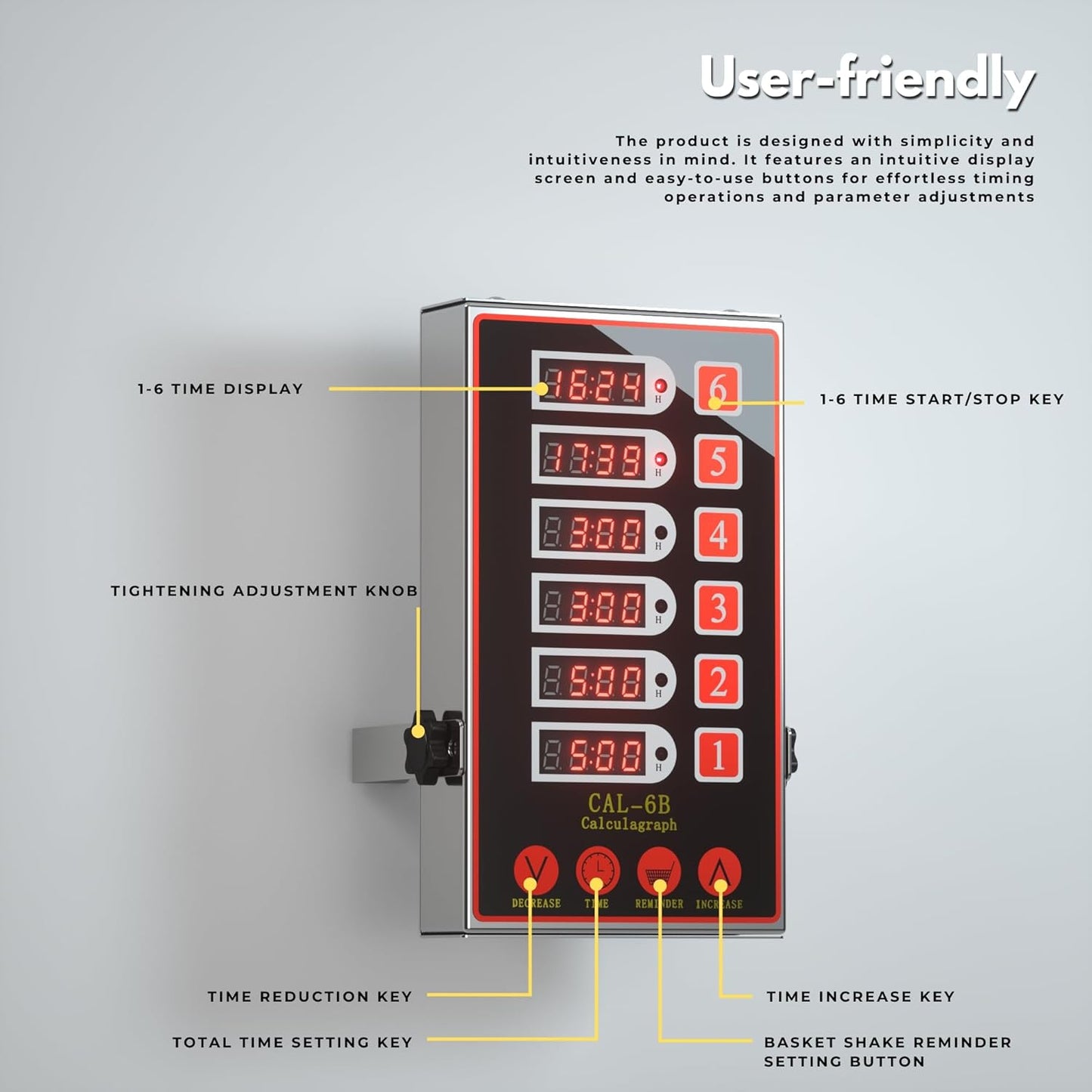 Commercial Kitchen Timer with 6 Channels, Professional LED Digital Timer for Cooking, Loud Alarm Volume +/-, Heavy Duty Stainless Steel Large Timers with Waterproof Panel & Memory Function