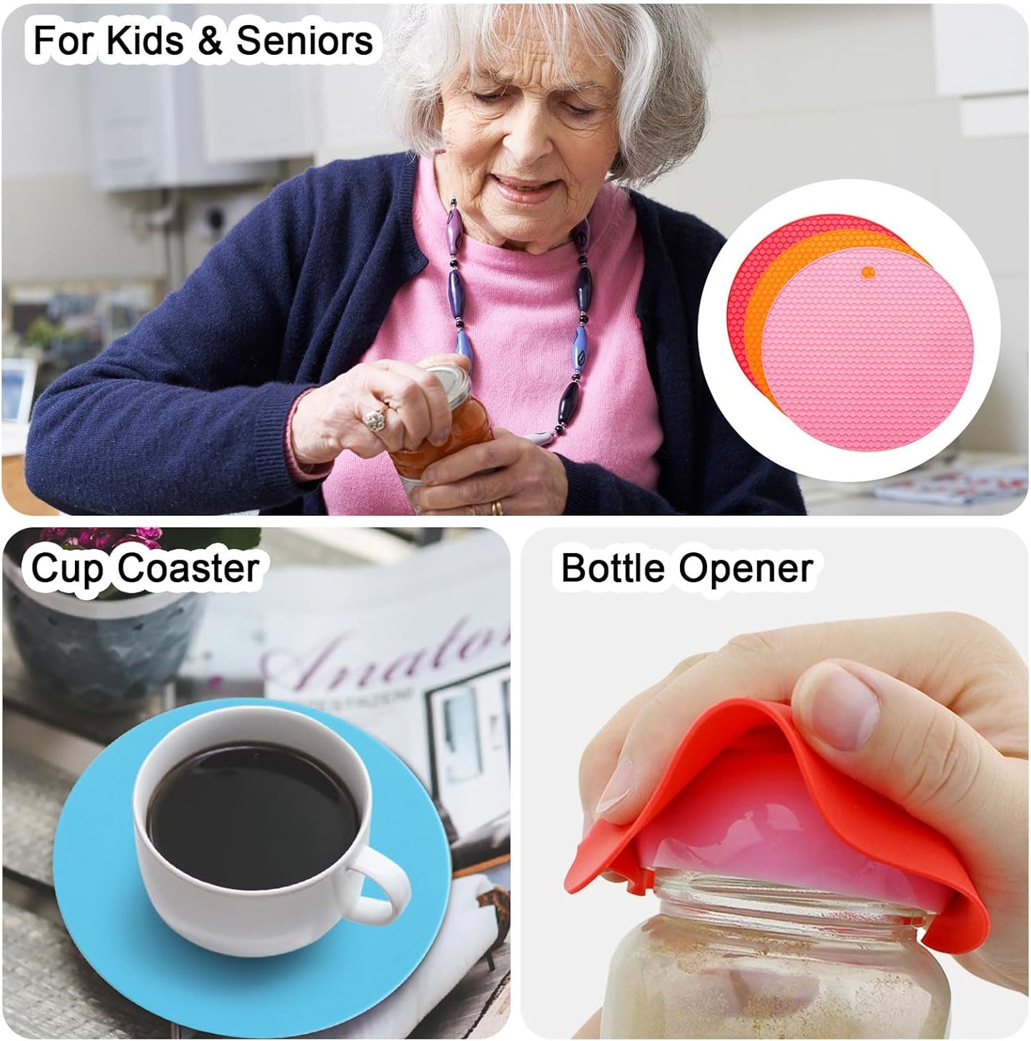 uxcell 3pcs Silicone Jar Opener Pads, 17.5cm/7" Texture Can Opener Multipurpose Round Bottle Lid Opener Non-Slip Coasters for Weak Hands Seniors Children, Orange, Blue, Gray