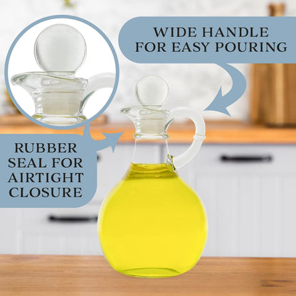 Cornucopia Brands Glass Oil and Vinegar Cruets (Set of 2); 8oz Round Oil Dispensers / Salad Dressing Bottles with Stoppers