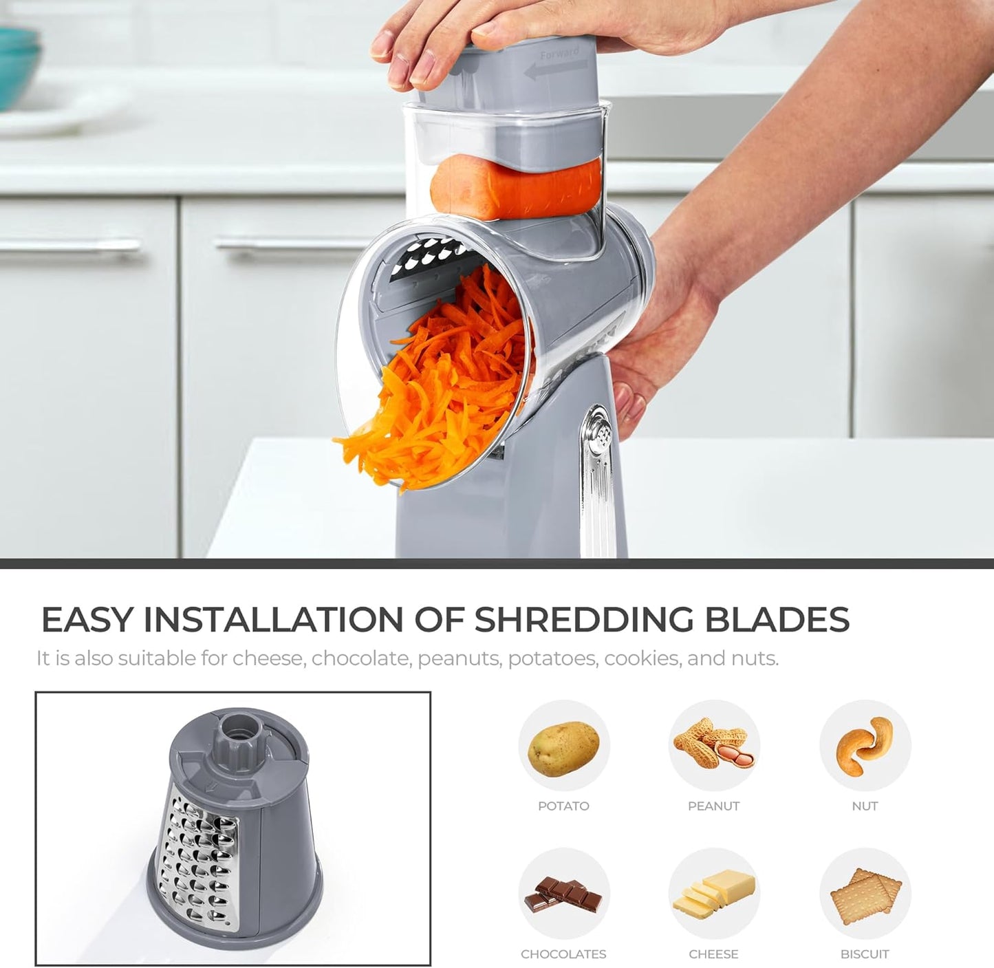 SUSTEAS Rotary Cheese Grater with Handle - Vegetable Shredder with 5 Well-designed Blades & Strong Suction Base,Round Mandoline Slicer & Food Chopper for Kitchen,with Blade Storage Box(Beige)