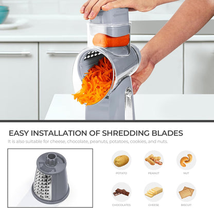 SUSTEAS Rotary Cheese Grater with Handle - Vegetable Shredder with 5 Well-designed Blades & Strong Suction Base,Round Mandoline Slicer & Food Chopper for Kitchen,with Blade Storage Box(Beige)