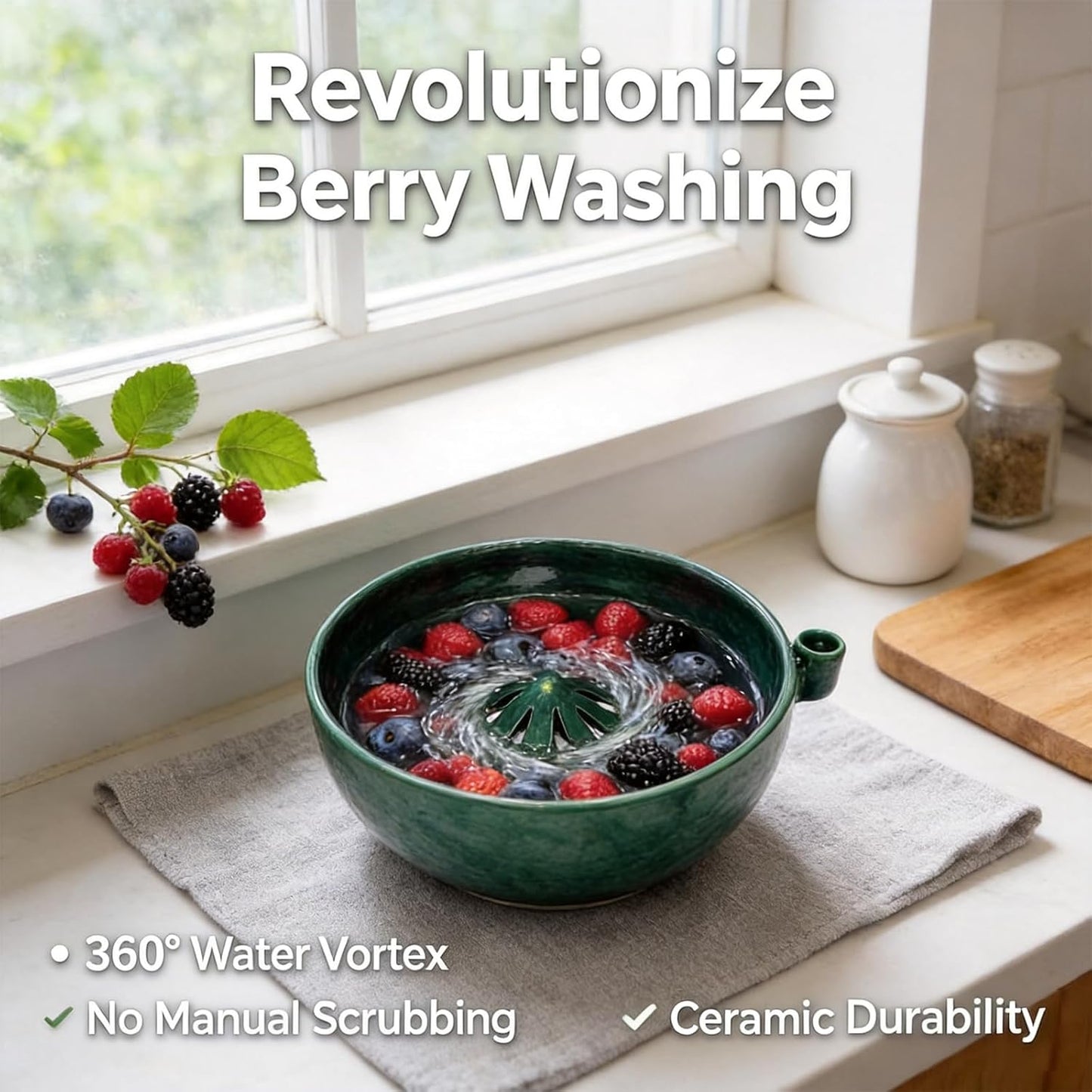 Self Spinning Berry Washing Bowl, Berry Rinse Bowls with Holes Ceramic, Fruit Washer Spinner with Strainer and Colander, Handmade Berry Colander Vegetables for Kitchen (1pc)