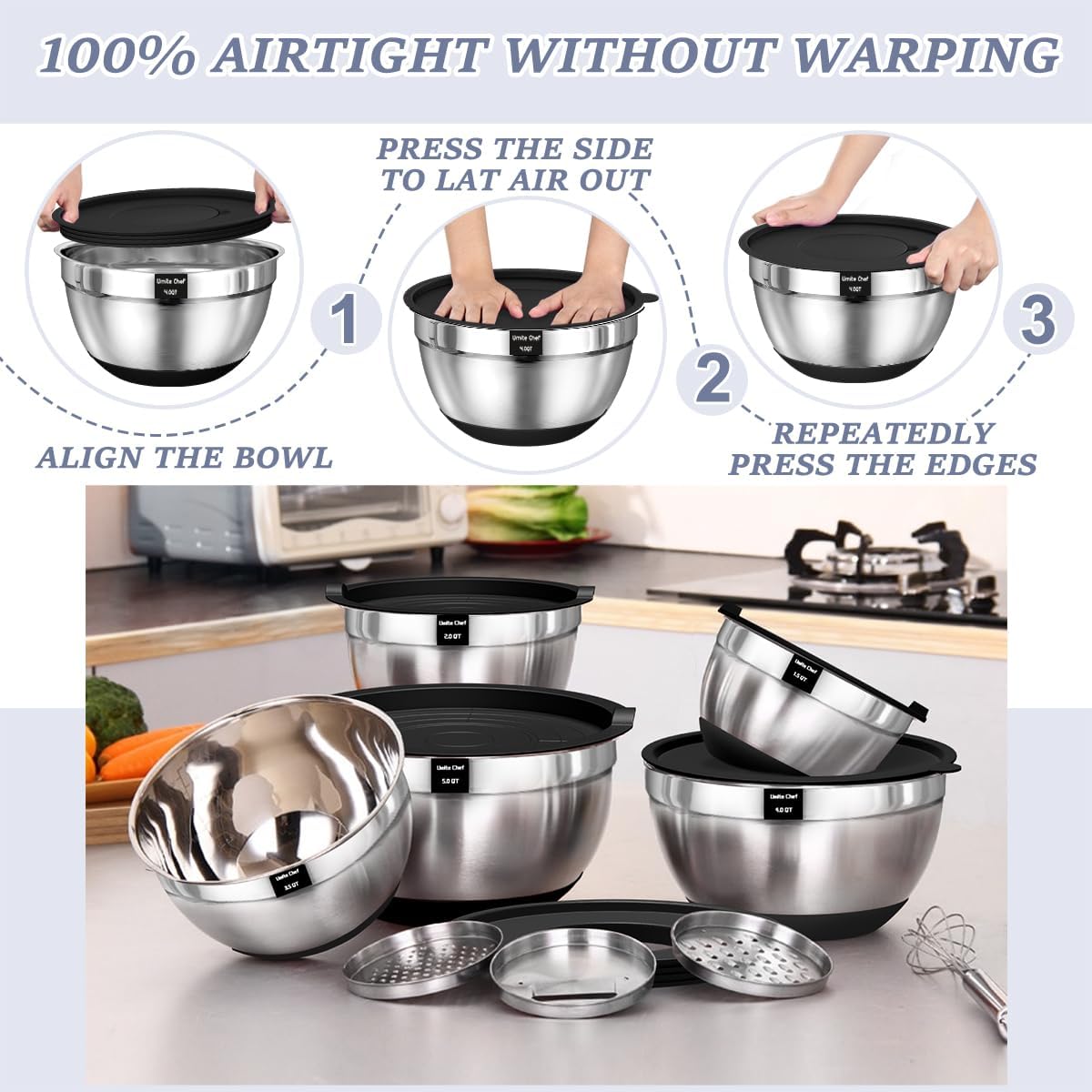 Umite Chef Mixing Bowls with Airtight Lids Set, 8PCS Stainless Steel Nesting Bowls with Grater Attachments, Non-Slip Bottoms, 5, 4, 3.5, 2, 1.5QT for Mixing & Serving