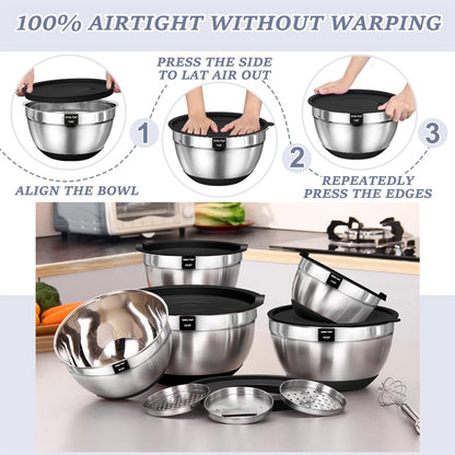 Umite Chef Mixing Bowls with Airtight Lids Set, 8PCS Stainless Steel Nesting Bowls with Grater Attachments, Non-Slip Bottoms, 5, 4, 3.5, 2, 1.5QT for Mixing & Serving