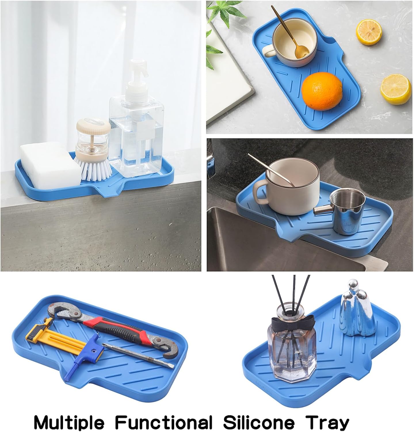 MicoYang Silicone Soap Dish with Drain Spout, Self-Draining Sink Organizer Tray for Bathroom and Kitchen, Sponges, Dispensers and Soap Holder, Non-Slip and Dishwasher Safe, Black (Compact, 4.9"×3.2")
