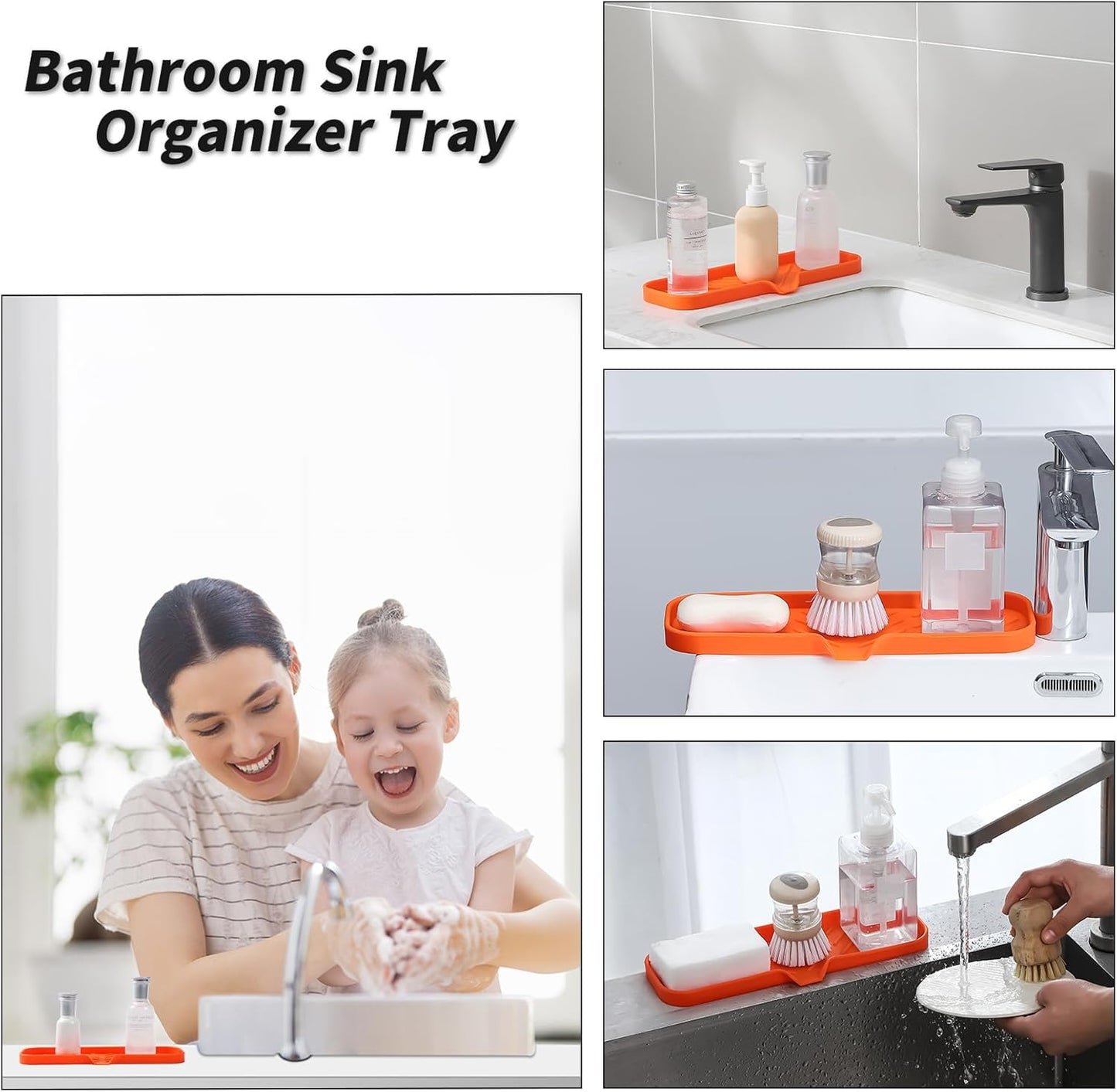 MicoYang Silicone Soap Dish with Drain Spout, Self-Draining Sink Organizer Tray for Bathroom and Kitchen, Sponges, Dispensers and Soap Holder, Non-Slip and Dishwasher Safe, Black (Compact, 4.9"×3.2")