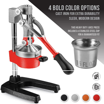 Eurolux Ultra-Premium Cast Iron Juicer | Extra-Large, Heavy Duty, Commercial Grade, Stainless Steel Manual Hand Press Citrus Squeezer For Fresh Orange Juice, Pomegranate, Lemon, and Much More (Gray)