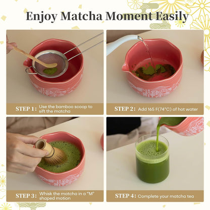 Matcha Whisk Set, 5 Pcs Traditional Japanese Matcha Whisk Preparation Kit, White Glossy Ceramic Bowl with Black Cat and Strawberry Pattern