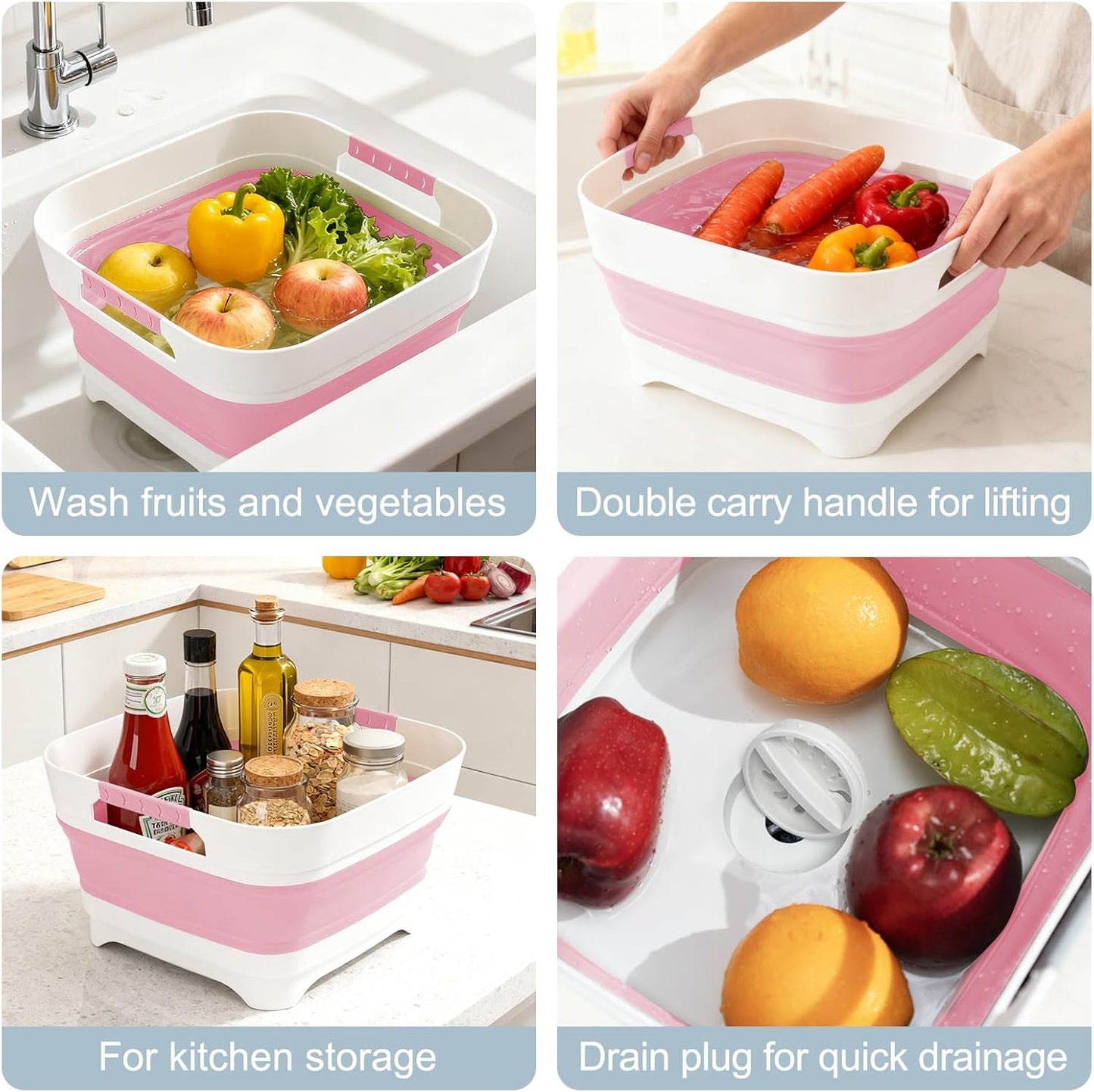 Collapsible Dish Basin with Drain Plug, 2.4 Gal 9L Foldable Wash Basin, Portable Sink Tub for Kitchen, Baby Bottles, Camping, RV, Vegetable Washing and Beverage Tub, Gray