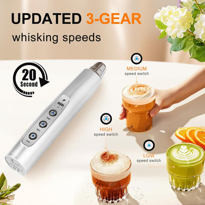 YUSWKO Black Handheld Milk Frother Wand for Coffee, Rechargeable Electric Whisk with 3 Heads 3 Speeds Drink Mixer Coffee Frother For Latte, Cappuccino, Hot Chocolate, Egg