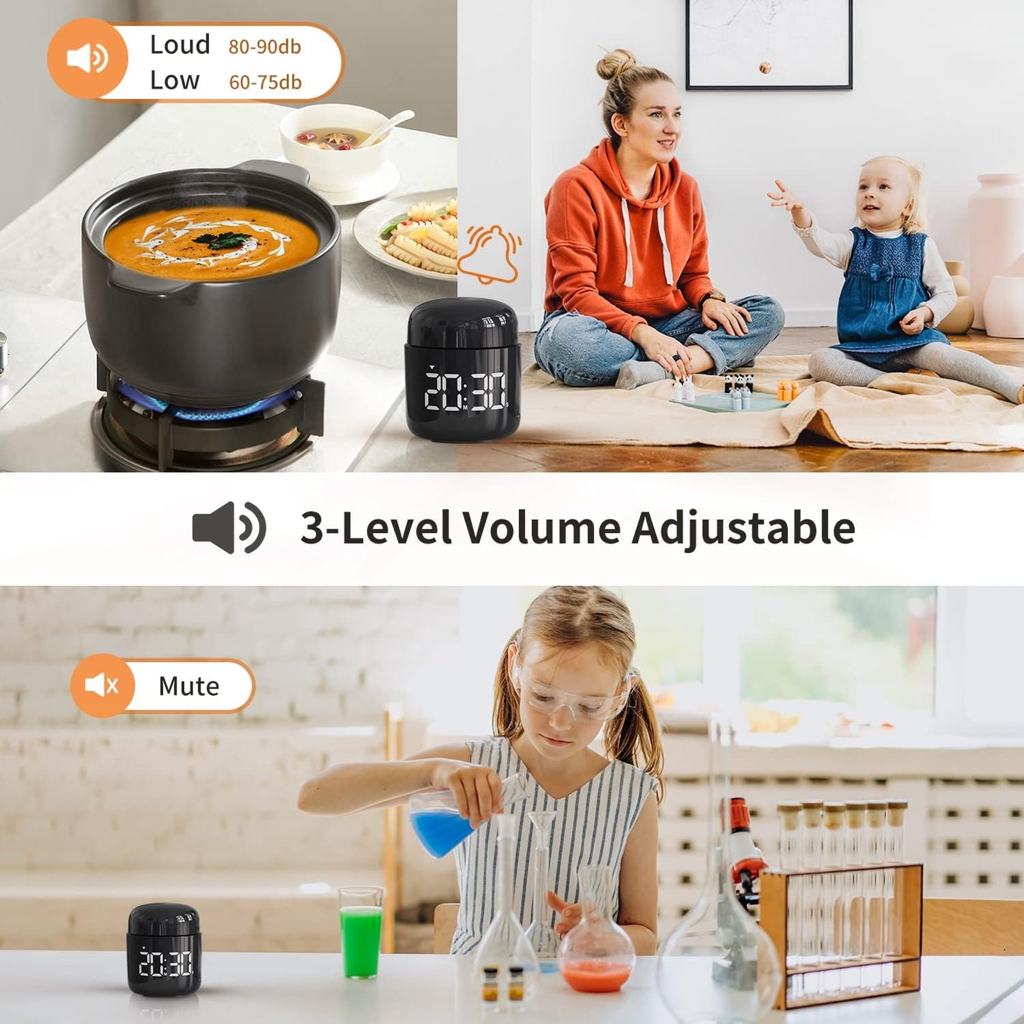 Digital Kitchen Timer,Countdown Countup Timer with Large LED Display Volume Adjustment,Timer for Cooking, Classroom Time for Kids and Teachers. (Silver)
