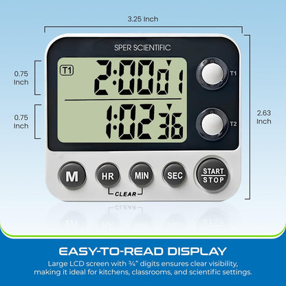 Sper Scientific 24-Hour Digital Lab + Kitchen Timer with LED Light 810001 - Precision Countdown Timer with Large Display, Loud Alarm & Clock Mode - for Cooking, Lab Experiments & More