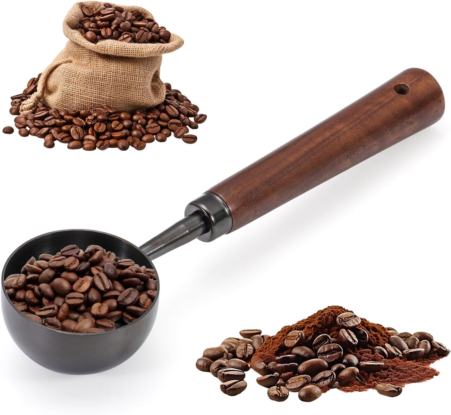 Vintage Coffee Scoop 10g/30ml Capacity Retro 304 Stainless Steel Coffee Measuring Spoon Walnut Wooden Handle Coffee Scoop Kitchen Utensil for Measuring Scooping Tea Coffee Spices (Short Handle)