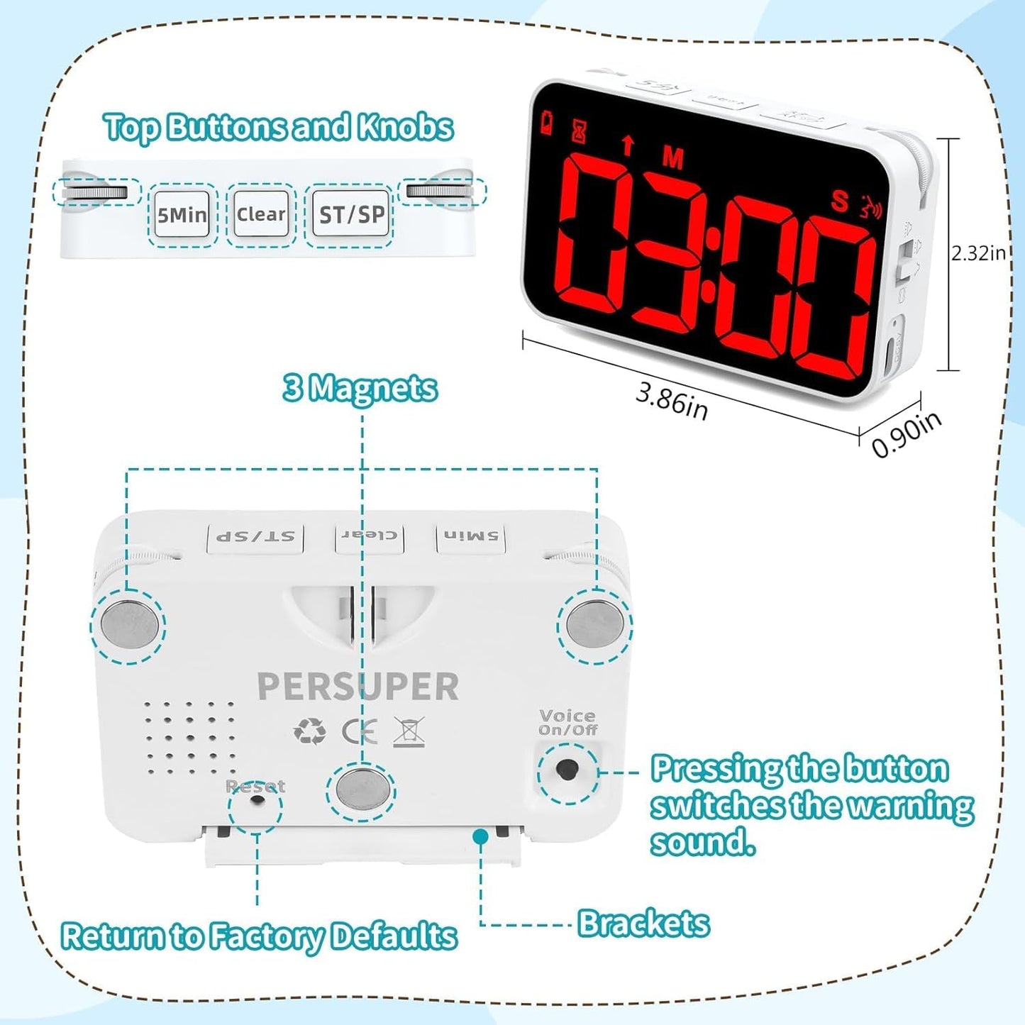 PERSUPER Digital Timer Kitchen Timer Count Down Up Rechargeable Kitchen Gadgets Vibration Mode Adjustable Volume and Brightness LED Display Time Management for Cook, Desk, Kids Adults Study Teaching