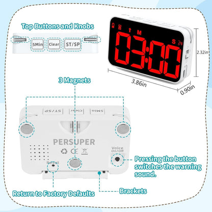 PERSUPER Digital Timer Kitchen Timer Count Down Up Rechargeable Kitchen Gadgets Vibration Mode Adjustable Volume and Brightness LED Display Time Management for Cook, Desk, Kids Adults Study Teaching