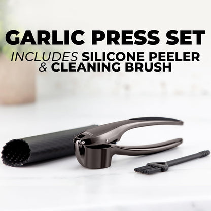 Zulay Kitchen Premium Garlic Press Set - Rust Proof Professional Garlic Mincer Tool - Easy-Squeeze, Easy-Clean with Soft, Ergonomic Handle - Silicone Garlic Peeler & Brush (Silver)