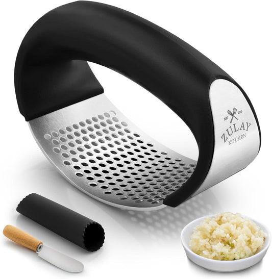 Zulay Stainless Steel Garlic Press Rocker Set - Premium Garlic Mincer Garlic Crusher - New Innovative Garlic Crusher with Peeler and Scraper - Comfortable Grip (DeepBlack)