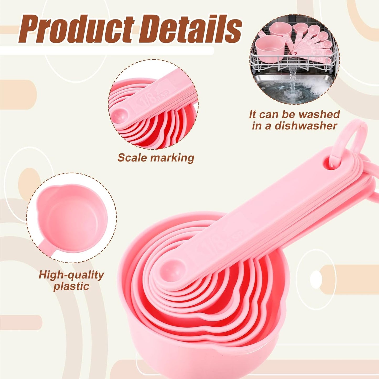 Amabro 11pcs Measuring Cups and Spoons Set, Nesting Measure Cups with Ring and Easy Read Markings Small Teaspoon with Plastic Head for Dry & Liquid Ingredients, Pink