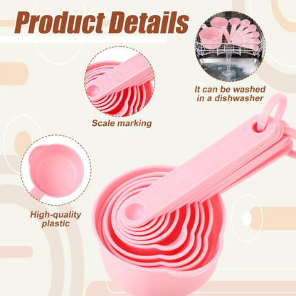 Amabro 11pcs Measuring Cups and Spoons Set, Nesting Measure Cups with Ring and Easy Read Markings Small Teaspoon with Plastic Head for Dry & Liquid Ingredients, Pink