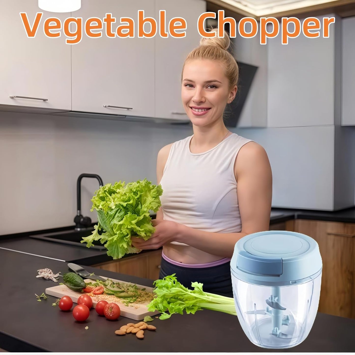 Manual Food Processor, Garlic Mincer Hand Cutter, Vegetable Chopper for Kitchen Gadgets, Hand Pull String onion chopper for Veggies, Ginger, Fruits, Nuts, Herbs, etc, 1000ML (blue)