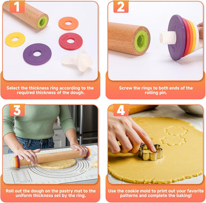 Stainless Steel Rolling Pin with Thickness Rings and Pastry Baking Mat, Pizza, Cookie, Bread, Pie Crusts,Roller Rod for Dough Thickness, 13.6" with 4 Multicolored Thickness Rings&Cookie Molds