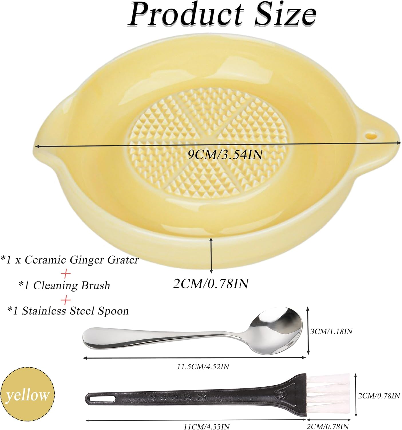 Ceramic Grater,Ceramic Ginger Grater,Garlic Grater,Ginger Grater,Spice Grater,Nutmeg Grater Made of Ceramic for Ginger,Garlic,Nutmeg,Celery,Carrots,Wasabi,With Brush+Spoon,Diameter 9cm (Yellow)