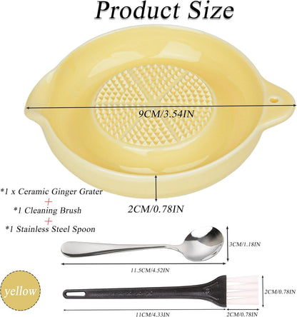 Ceramic Grater,Ceramic Ginger Grater,Garlic Grater,Ginger Grater,Spice Grater,Nutmeg Grater Made of Ceramic for Ginger,Garlic,Nutmeg,Celery,Carrots,Wasabi,With Brush+Spoon,Diameter 9cm (Yellow)