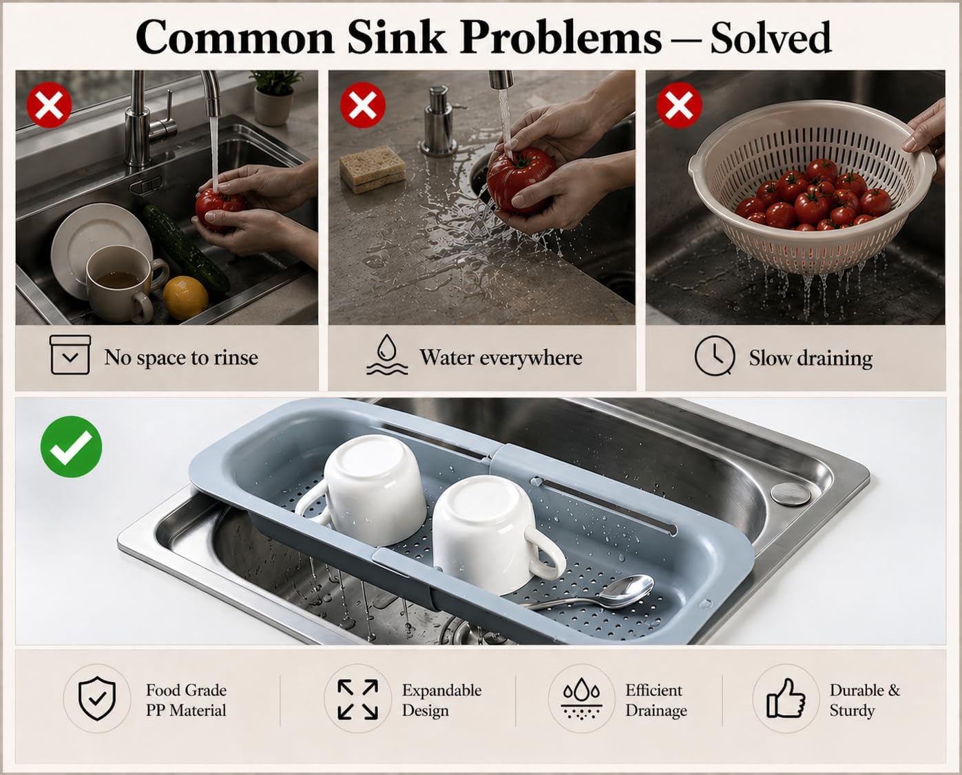 Expandable Over Sink Strainer for Kitchen Sink, Adjustable Sink Colander Basket, Kitchen Sink Strainer for Washing Fruits, Vegetables, Dishes & Utensils, Space Saving Drain Basket, Gray