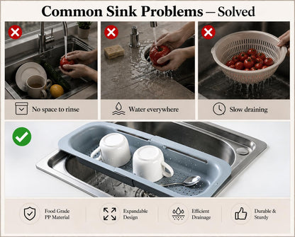 Expandable Over Sink Strainer for Kitchen Sink, Adjustable Sink Colander Basket, Kitchen Sink Strainer for Washing Fruits, Vegetables, Dishes & Utensils, Space Saving Drain Basket, Gray