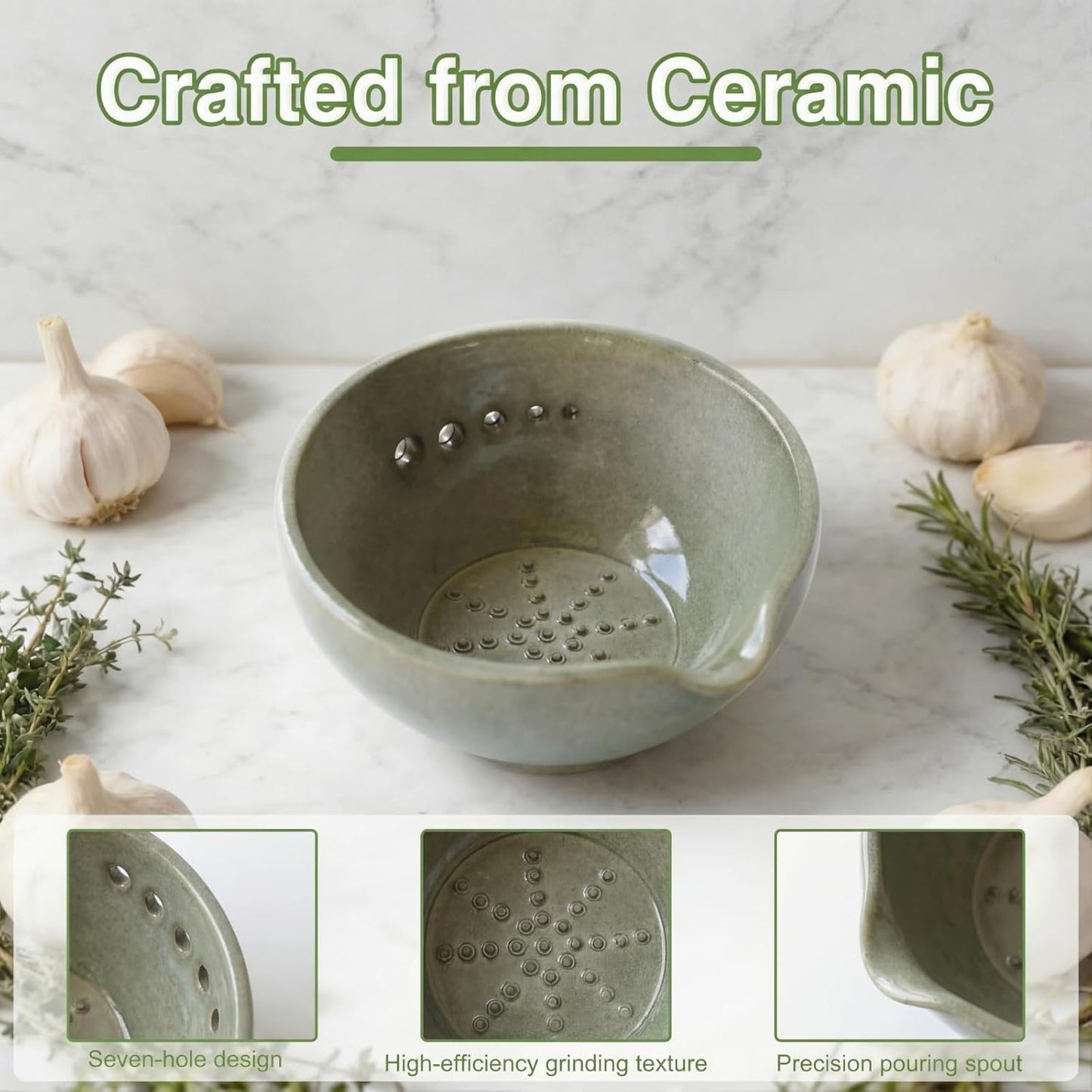 FoldTier Herb Stripper Bowl with Garlic Grater - 2-in-1 Resin Herb Stripper Tool with 5 Hole Sizes Built-in Garlic Grater – Efficient Peeling Kitchen Tools for Cooking Peeling off The Leafy
