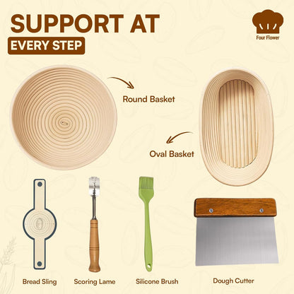 Sourdough Starter Kit 9” Round & 10” Oval Banneton Bread Proofing Baskets with Dough Whisk, Lame, Scraper & Starter Jar Beginner Friendly Bread Baking Supplies for Dutch Oven, Gluten Free Baking