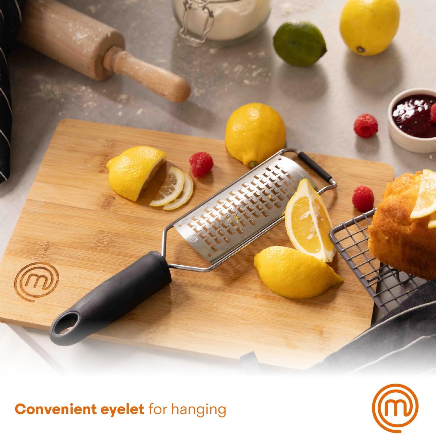 MasterChef Lemon Zester Grater with Handle, Kitchen Tool for Zesting Citrus Fruits & Finely Grating Parmesan Cheese, Garlic, Ginger, Coconut, Nutmeg, Wasabi, Chocolate etc, Stainless Steel, 12 inches
